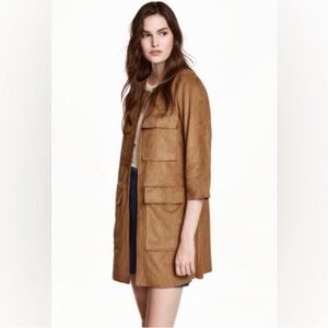 H&M Faux Suede Jacket, women’s Size 4, brown, long mid length coat with pockets